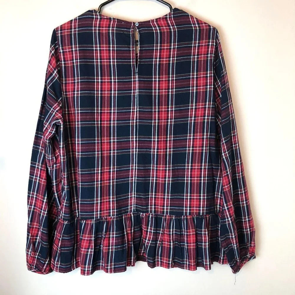 BeachLunchLounge Plaid Embroidered Blouse Red Blue - Picture 3 of 6